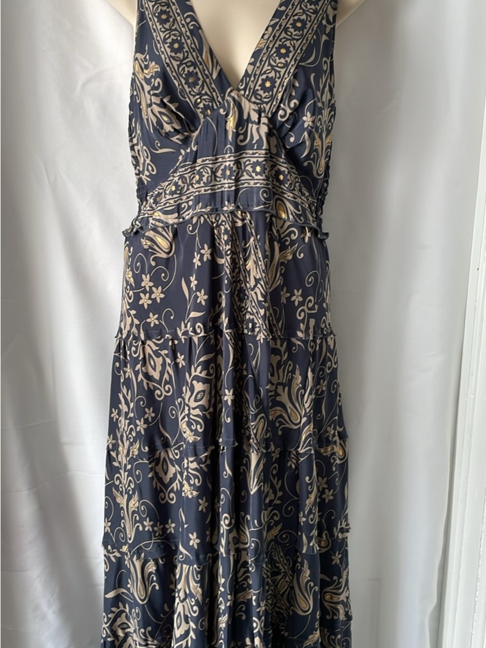 Sleeveless Navy, Beige and Gold Printed Maxi Dress
